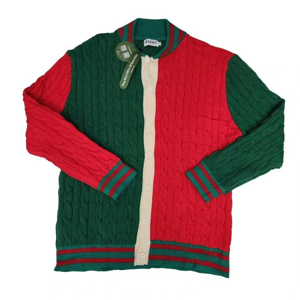 OXKNIT Retro 60s 70s Color Block Cable Knit Cardigan Sweater Red Green Men XXL